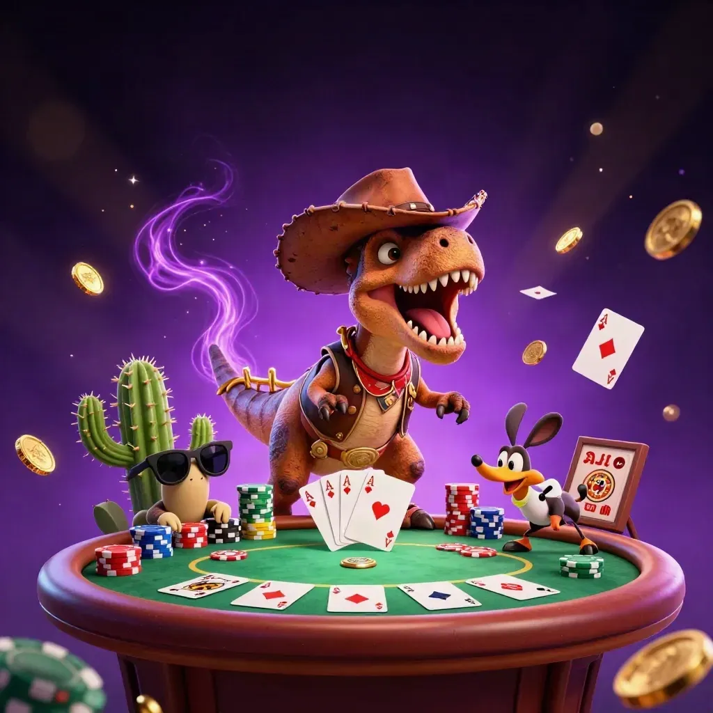 Cowboy T-Rex, cactus sidekick, and sheriff roadrunner amid casino chips and glowing cards