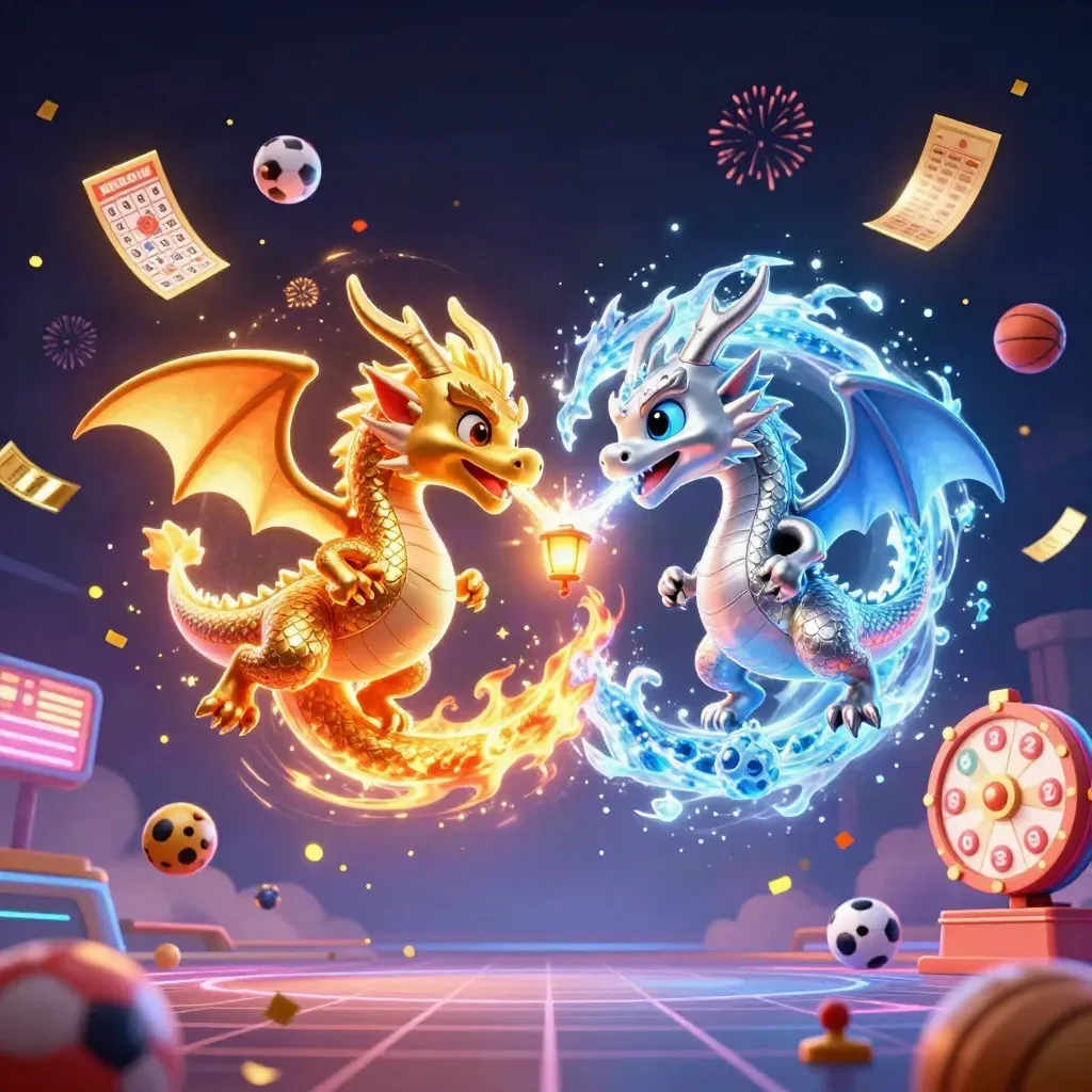 Gold and silver dragons swirl around casino props in neon blue and yellow.