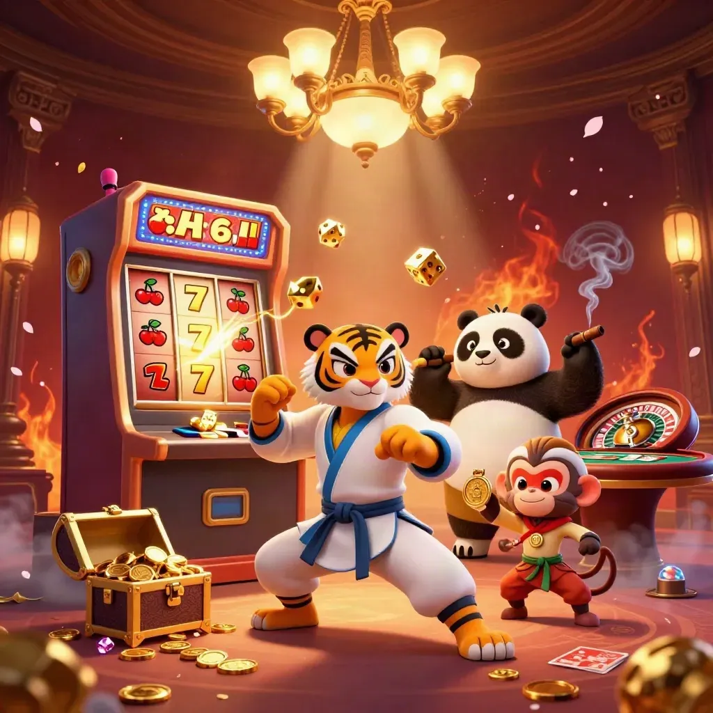 Kung-fu tiger, panda, and monkey amid casino lights, slot burst, dice, and gold in a fiery room