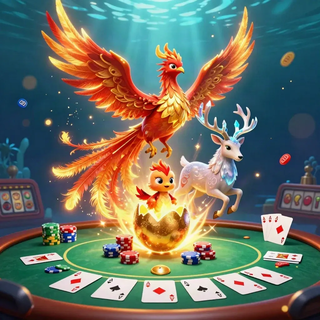 Fire phoenix, hatching baby phoenix, and crystal-antlered stag amid chips and casino cards.