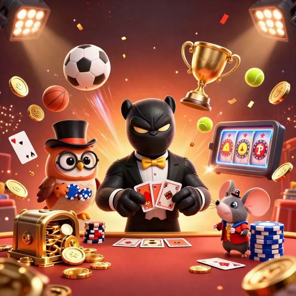 Panther, owl, and mouse casino heroes amid coins, fireworks, and sports balls.