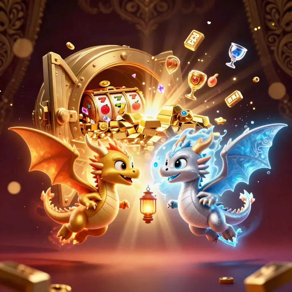 Gold and silver dragons spiral around a lantern spirit, vault light, gems, and casino symbols.