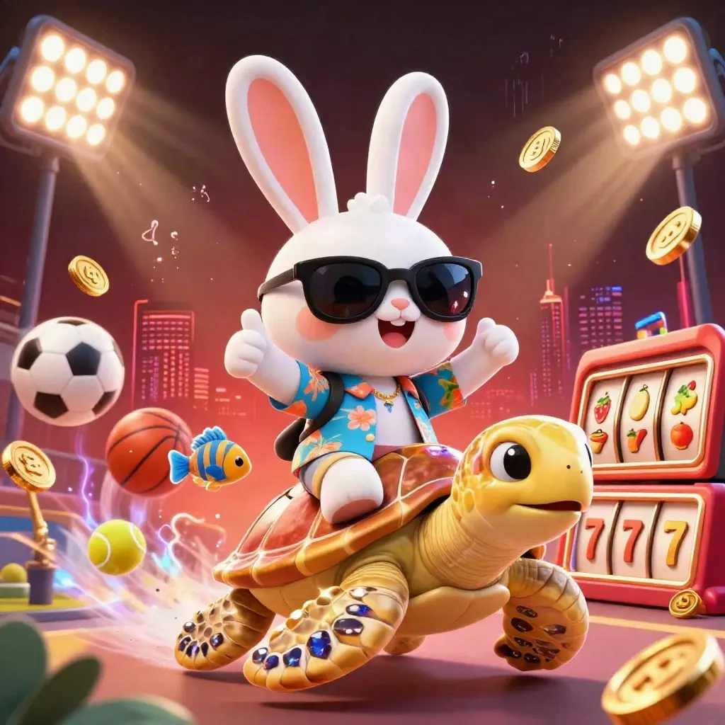 Lucky rabbit on a golden turtle amid coins, sports balls, reels, and neon casino lights.
